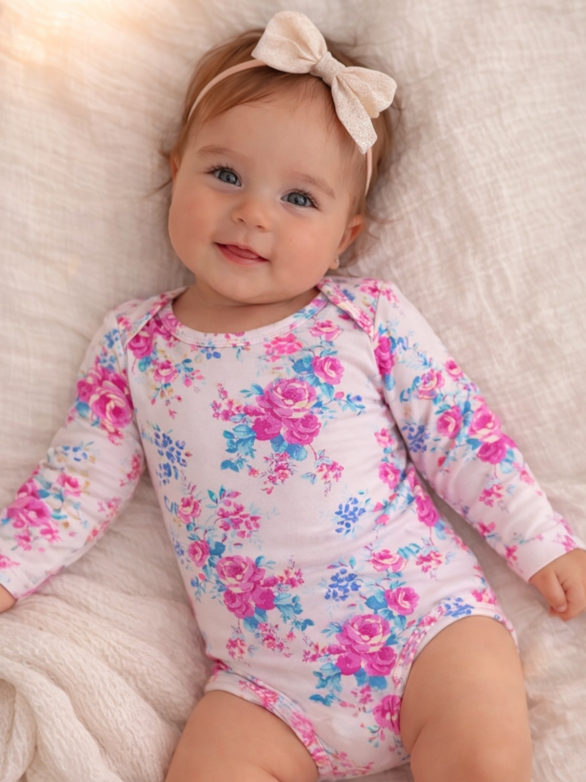 Smiling baby girl in a floral onesie lying on a cozy blanket, wearing a light bow headband.