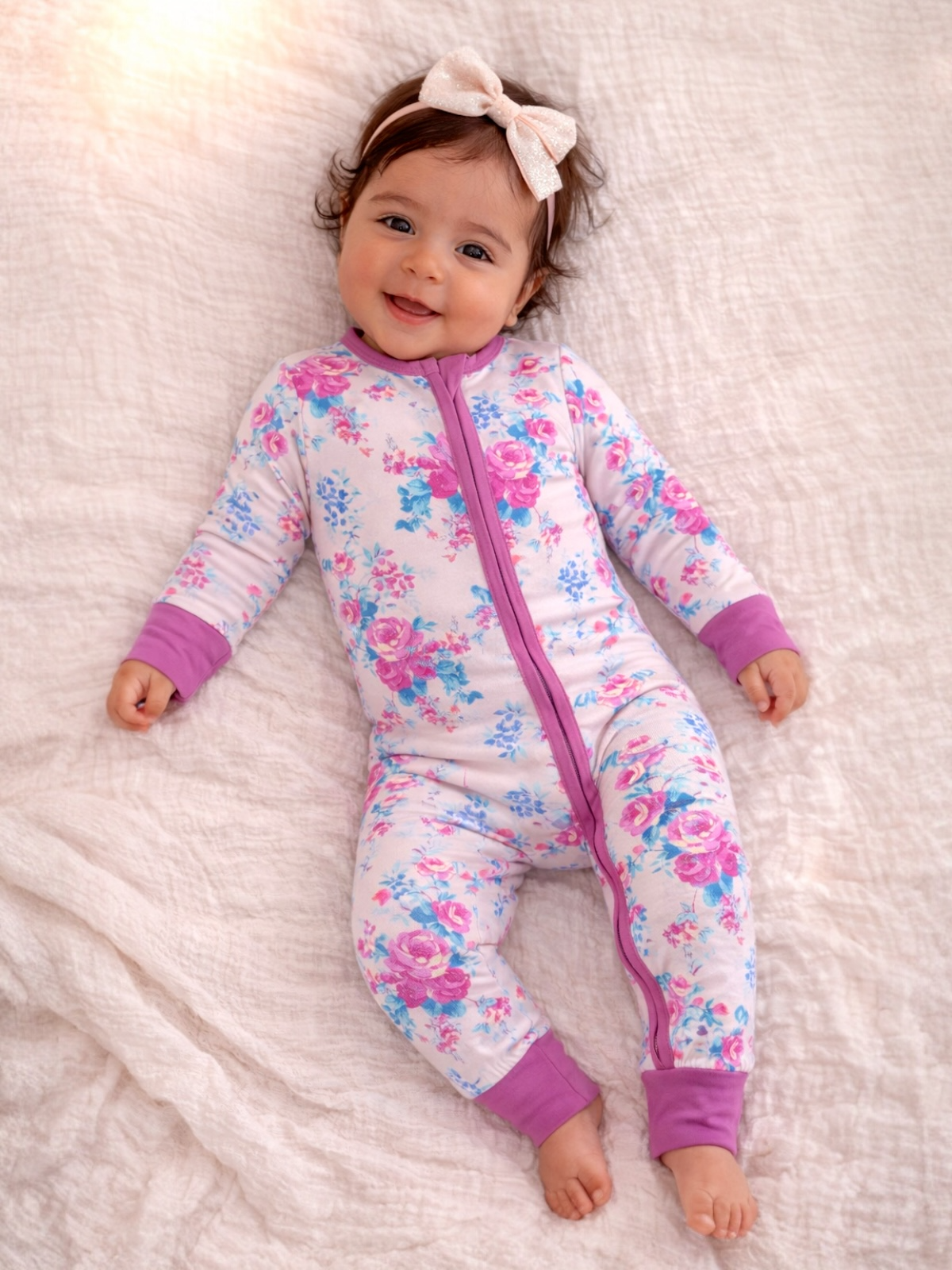 Smiling baby in floral pajamas and a bow, lying on a soft blanket with a playful expression.
