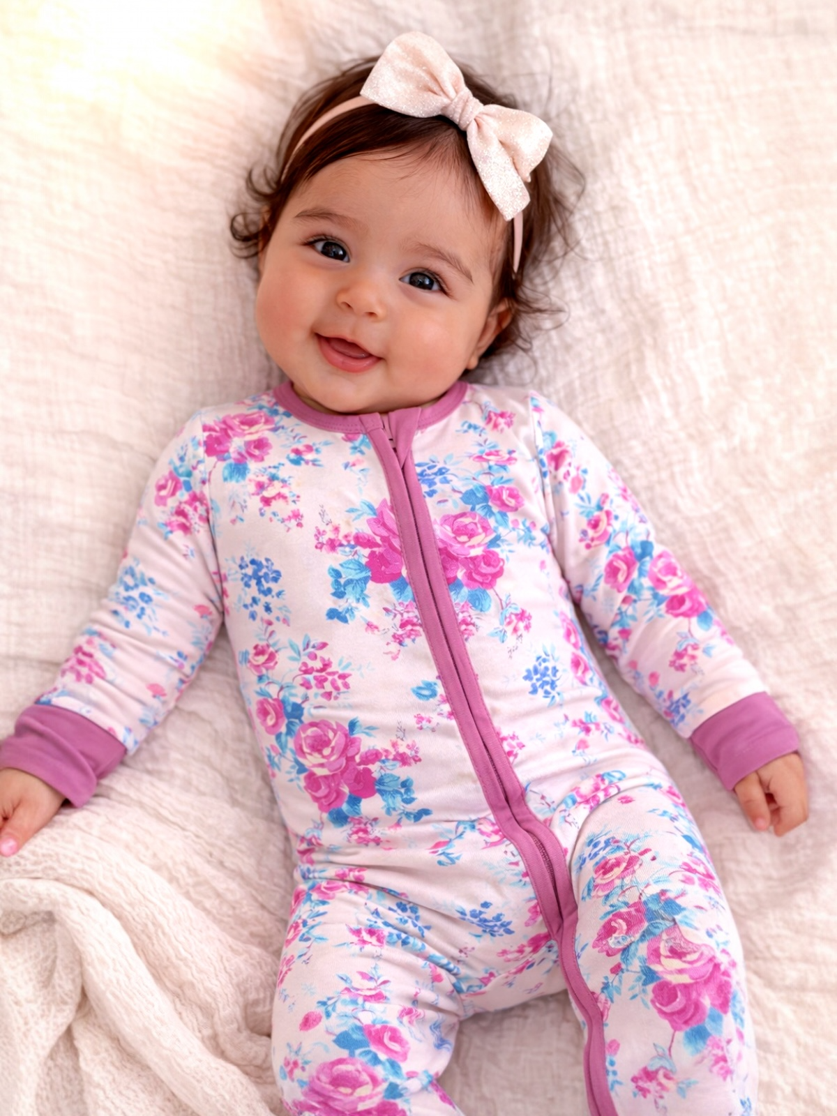 Smiling baby girl in floral onesie with a pink bow, lying on a textured blanket.