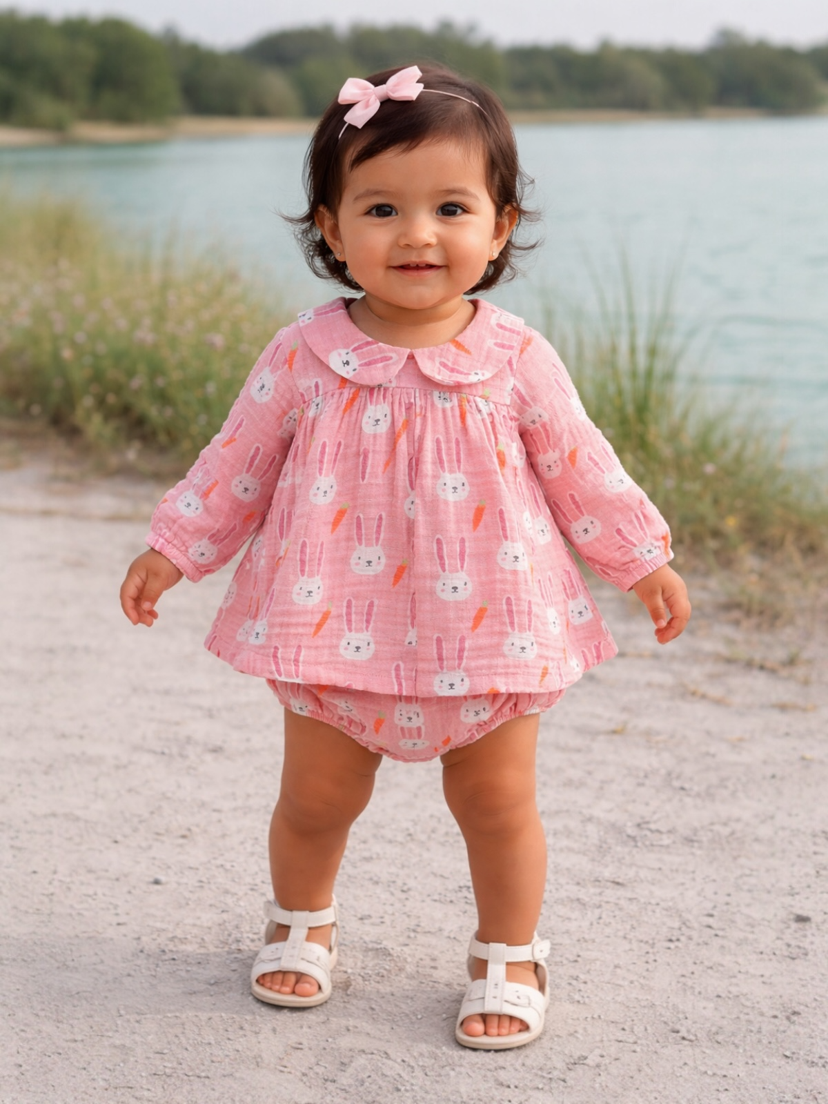 Smiling toddler in a pink bunny-patterned outfit stands by a lake, surrounded by green grass and wildflowers.