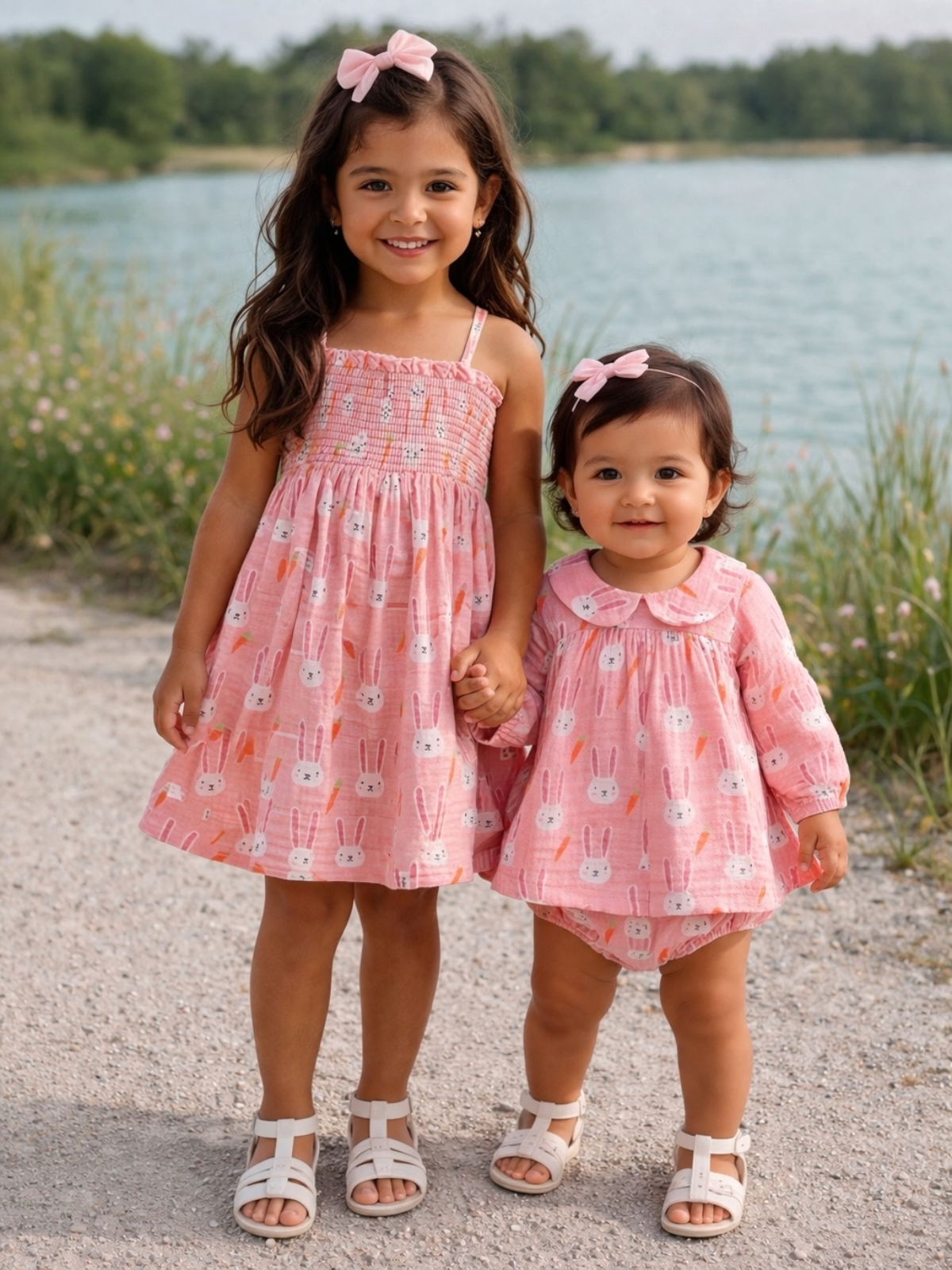 Two young girls in matching pink bunny-patterned dresses stand by a lake, smiling and holding hands.
