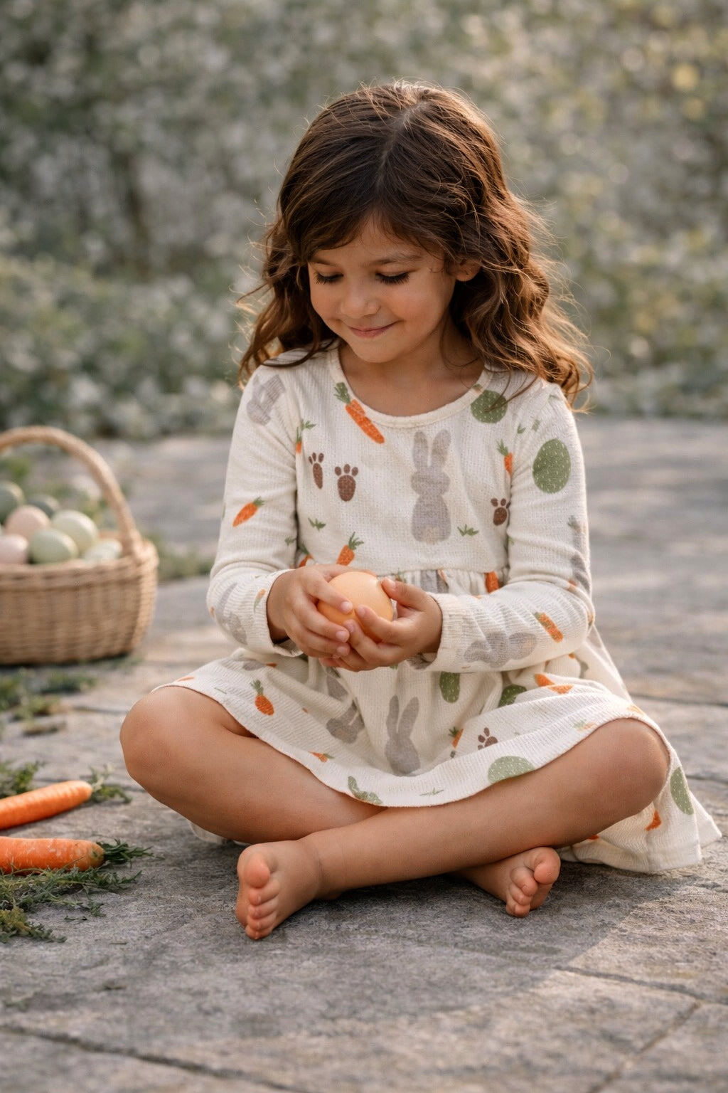 Young girl in a patterned dress holding an egg, seated on a stone surface with carrots nearby.