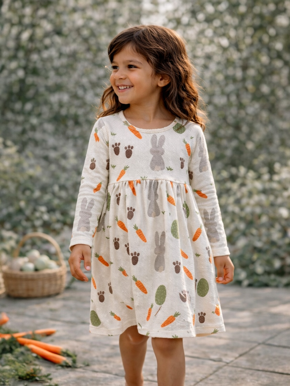 Child wearing a patterned dress with bunnies and carrots, smiling outdoors in a garden setting.