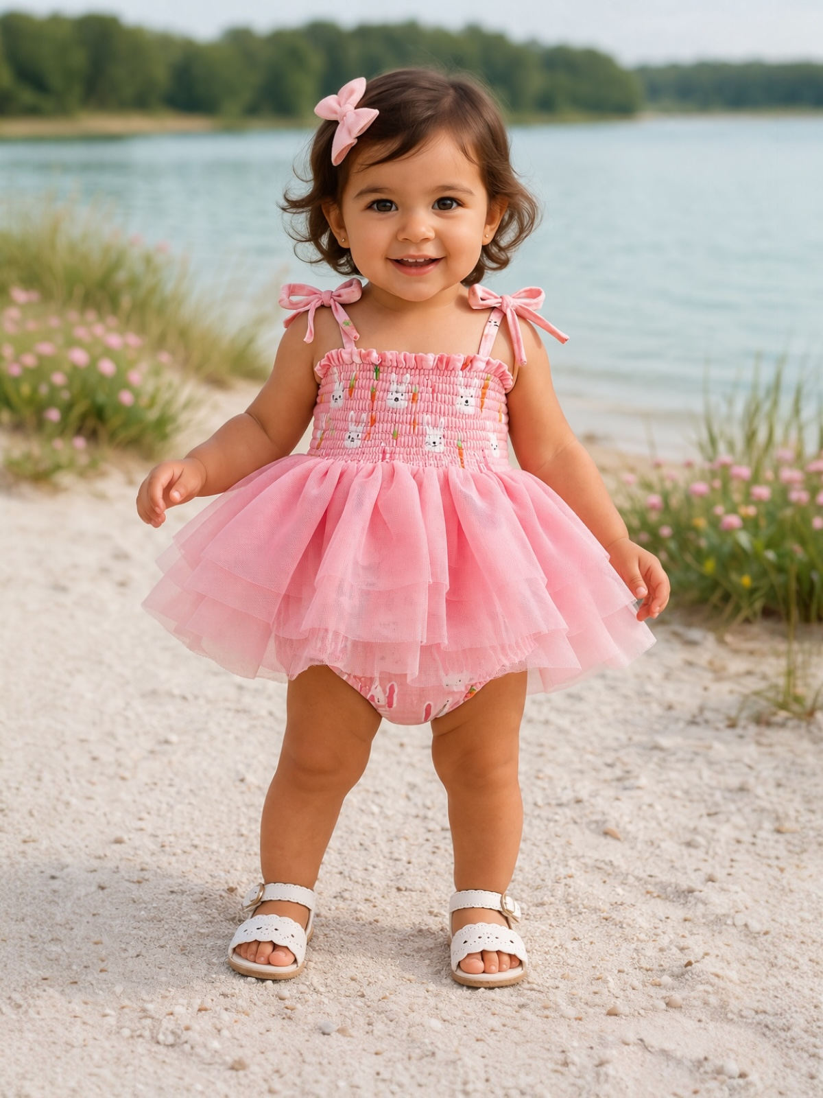 Smiling toddler in a pink dress and white sandals stands on a sandy beach by a lake, surrounded by greenery.
