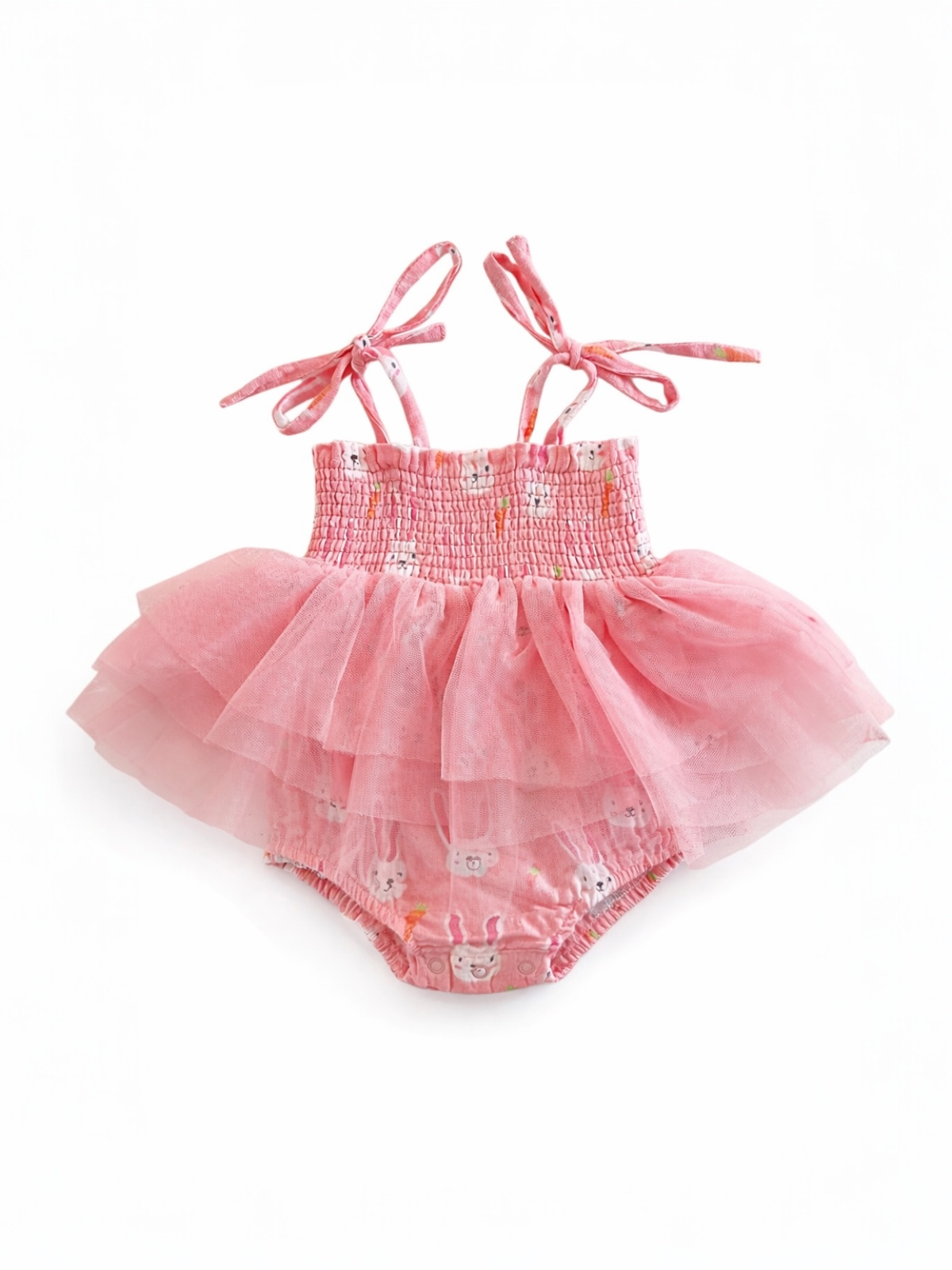 Pink toddler dress with ruffled tulle skirt and bunny print, featuring adjustable ties at the shoulder.