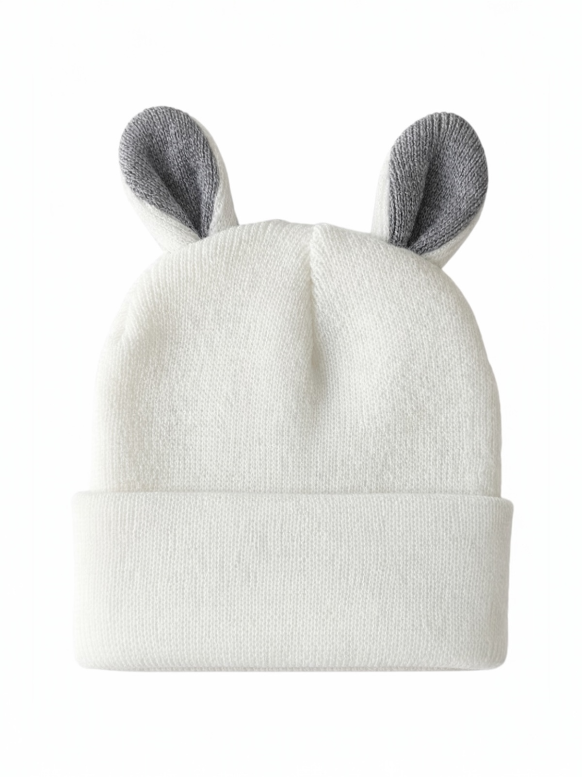 White knit beanie with gray ears, designed for warmth and playful style. Perfect for cold weather.
