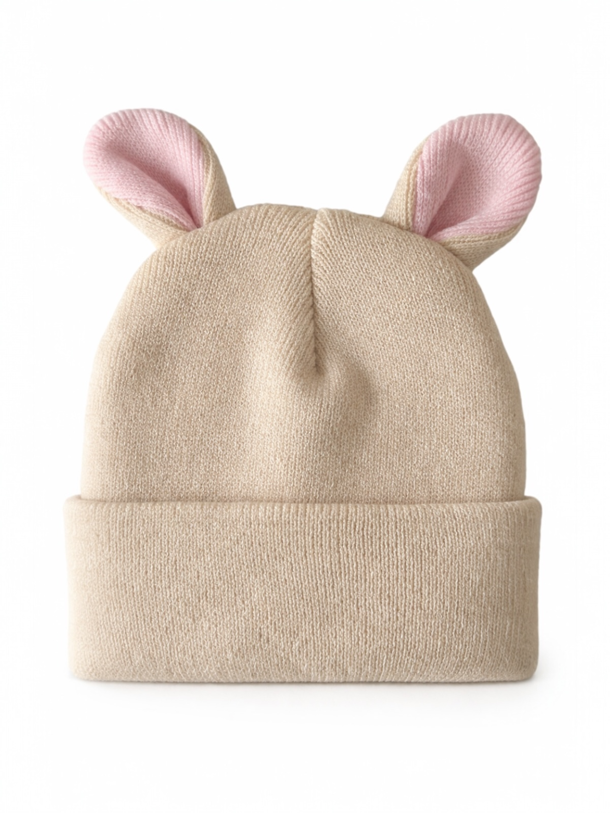 Beige knit beanie with pink animal ears, ideal for playful winter fashion.