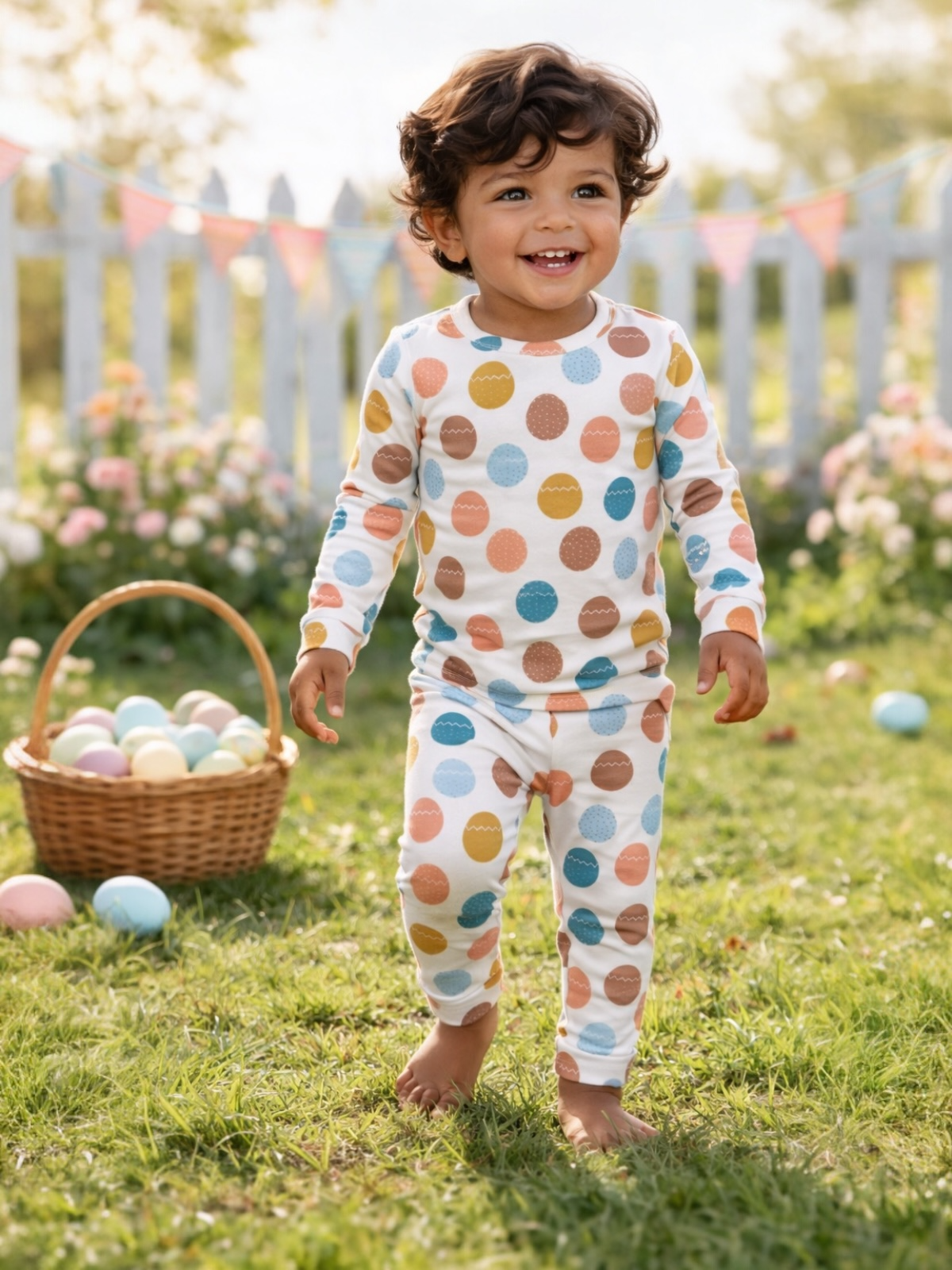 Happy toddler in colorful polka dot pajamas walking on grass, with a basket of pastel eggs nearby and a festive background.