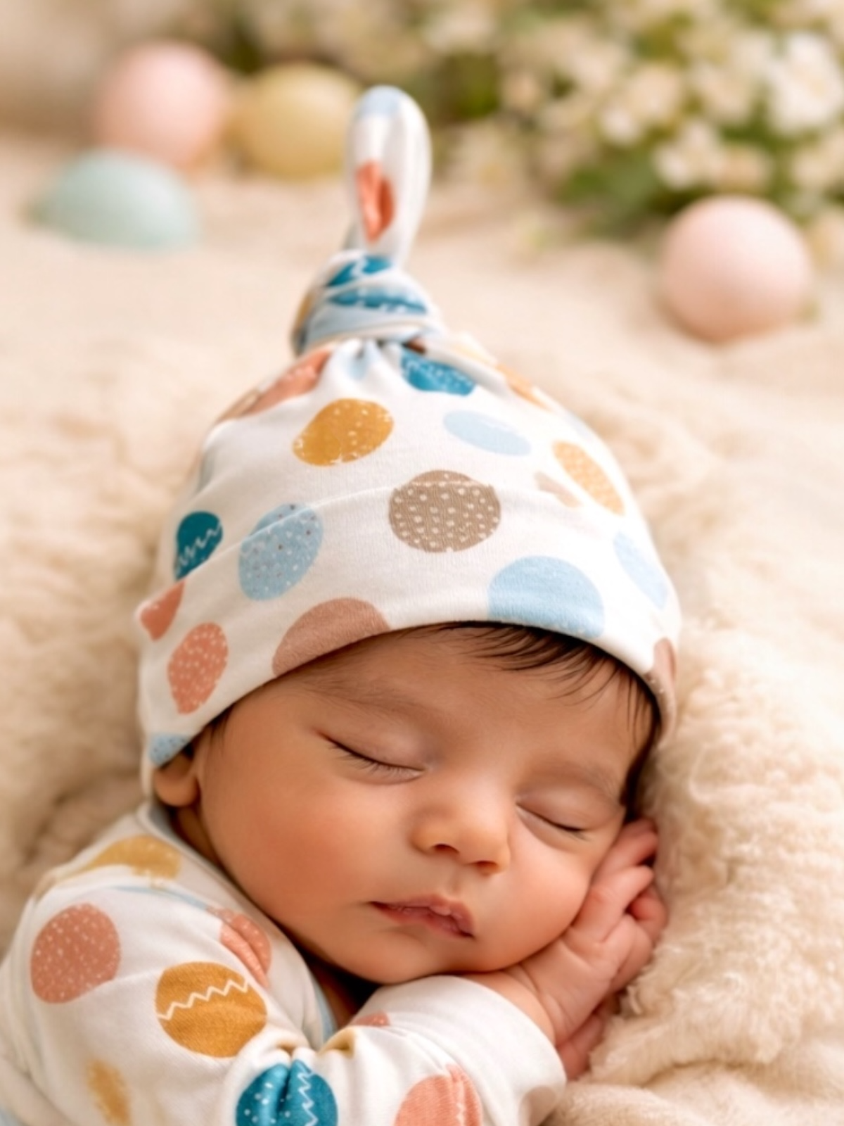 Sleeping baby wearing a polka dot hat, resting peacefully on a soft blanket with pastel-colored eggs in the background.