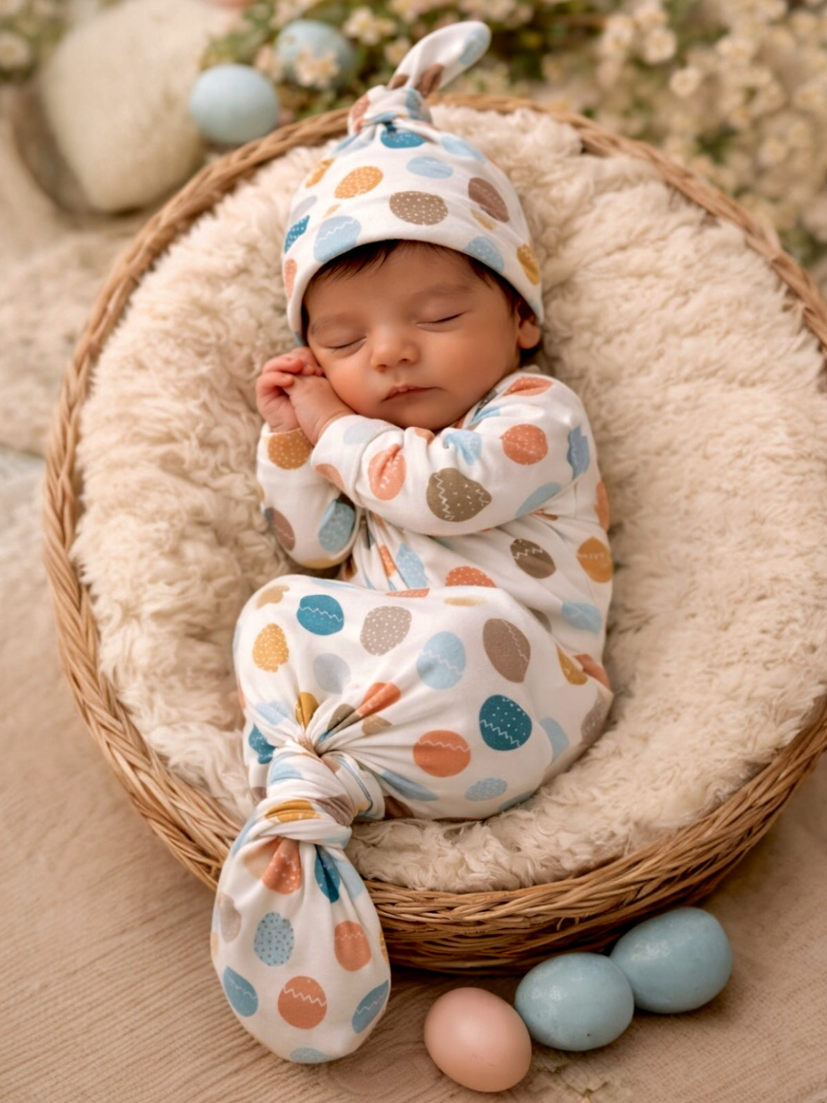 Sleeping newborn in a woven basket, dressed in a spotted outfit, surrounded by pastel-colored eggs.