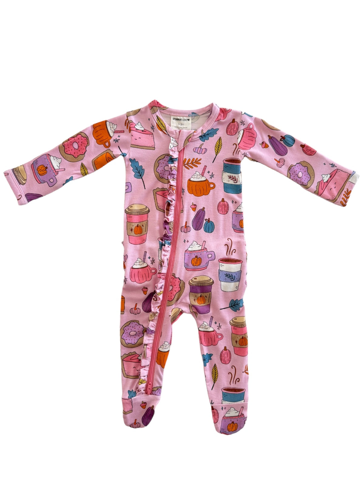 Pink baby onesie with colorful food and drink prints, featuring a front zipper and ruffled detail.