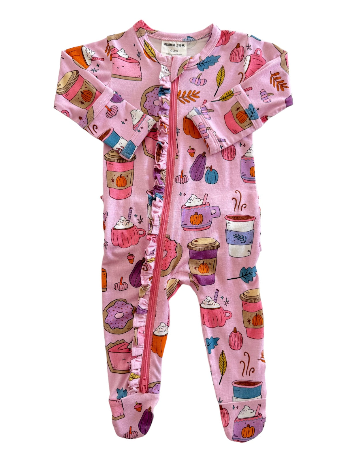 Pink baby onesie with fun illustrations of desserts, drinks, and leaves, featuring a front zipper and ruffled trim.