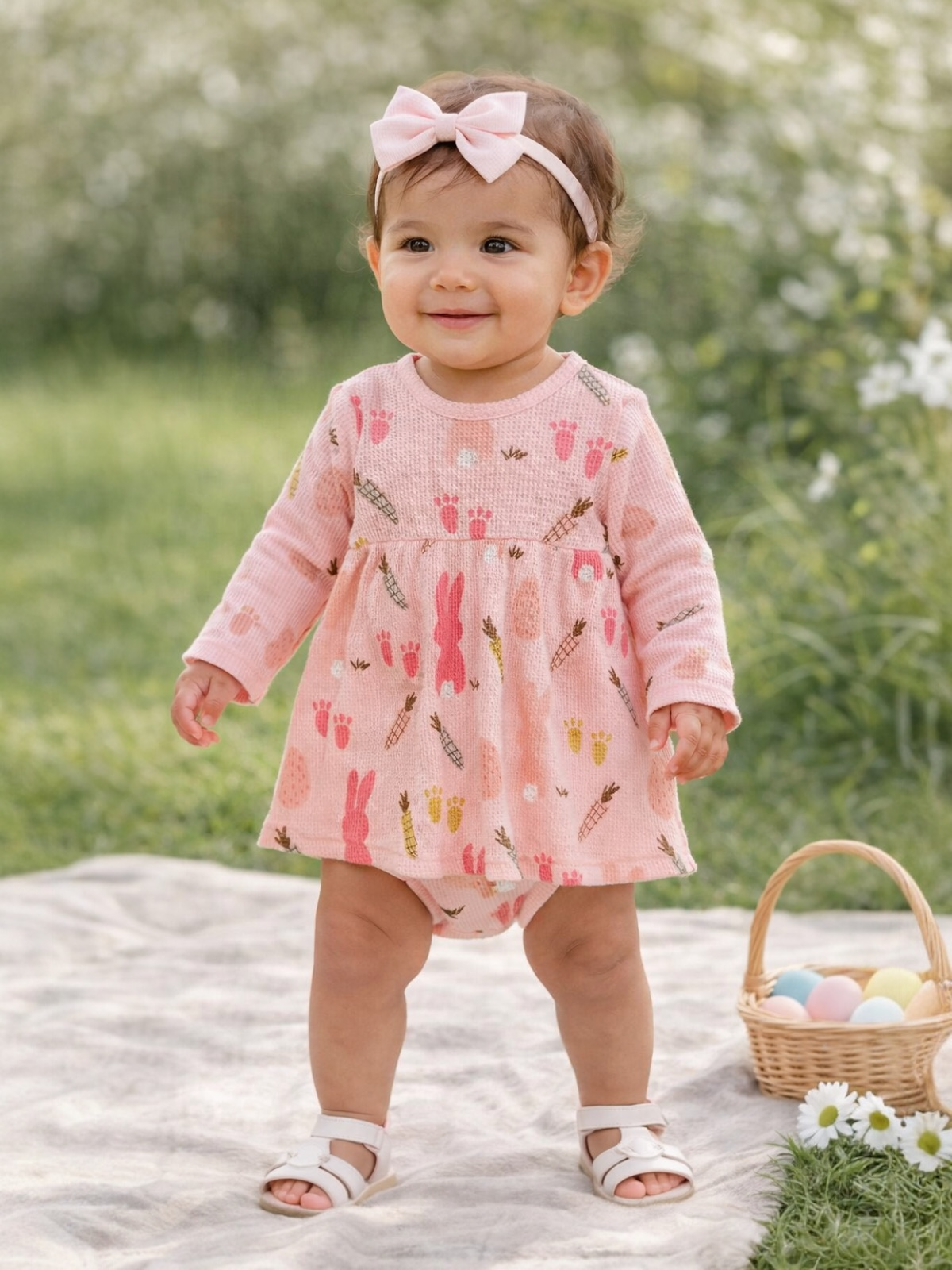 Toddler in a pink dress with bunny prints, smiling in a grassy field with Easter eggs in a basket nearby.