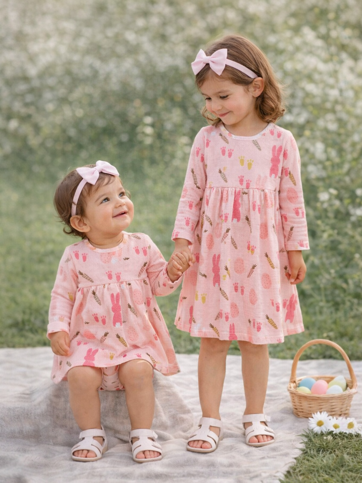 Two young girls in matching pink dresses hold hands, smiling, surrounded by flowers and a basket of colorful eggs.