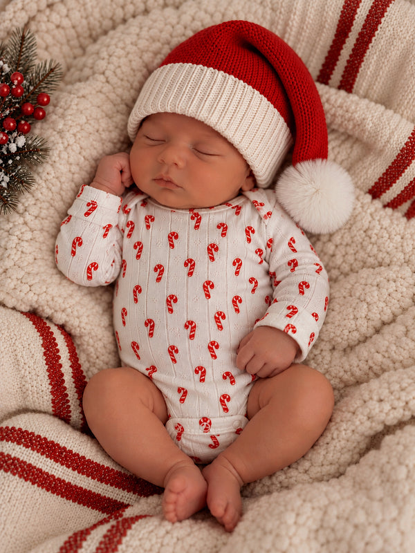 Sleeping newborn in candy cane onesie and red Santa hat, nestled in a cozy blanket. Holiday theme.