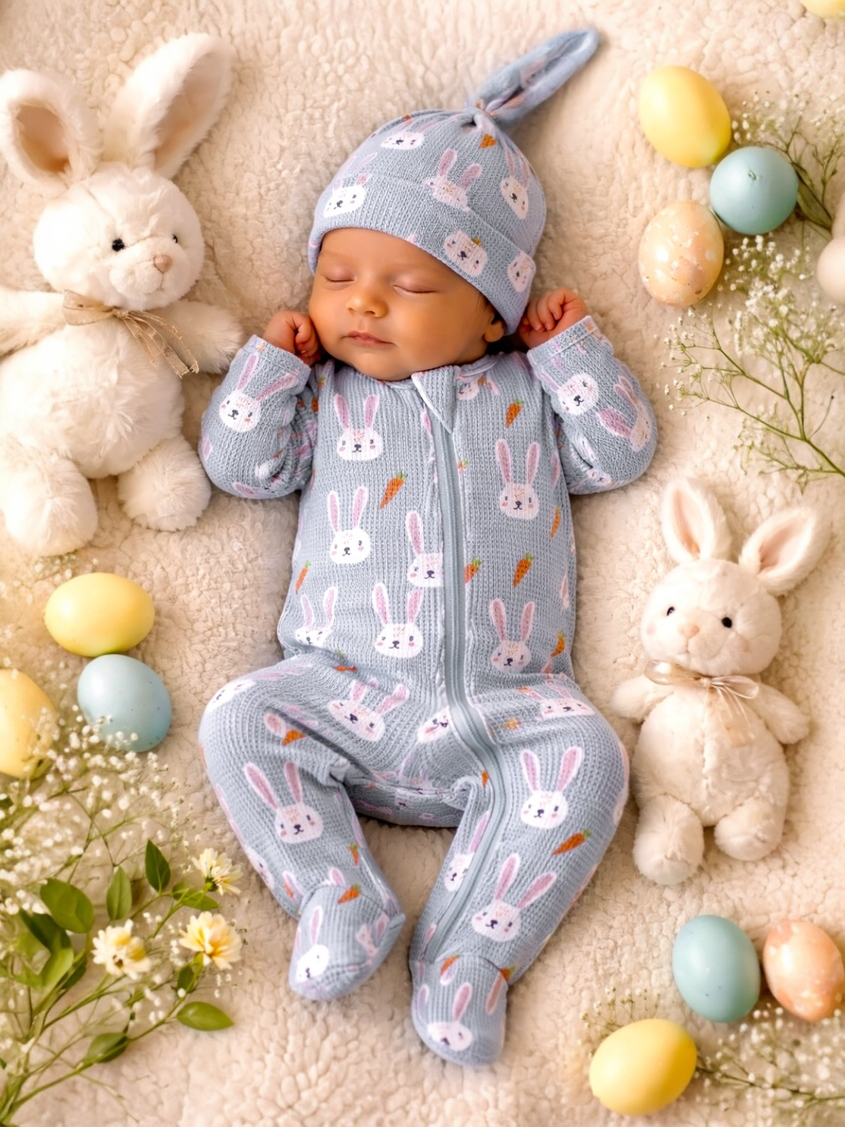 Sleeping baby in bunny-themed outfit surrounded by plush bunnies and Easter eggs on a soft blanket.