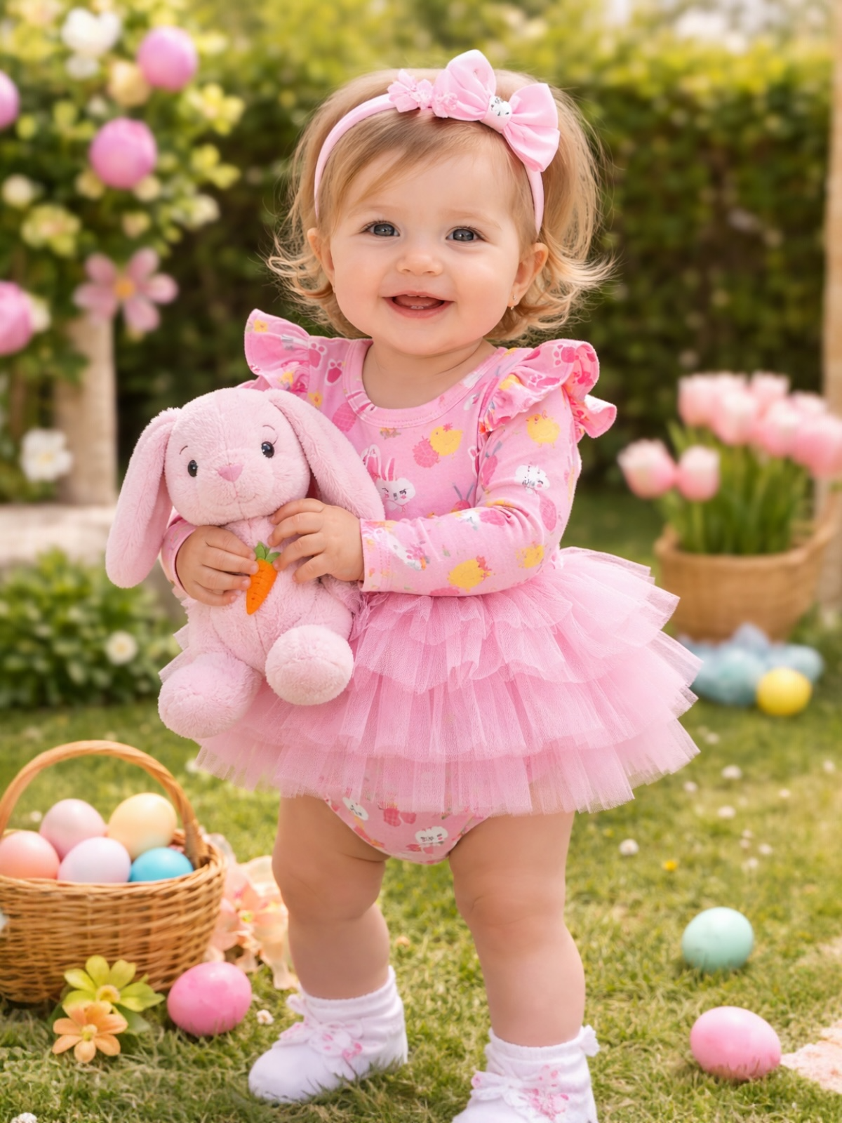 Smiling toddler in a pink tutu, holding a bunny plush, with pastel eggs and flowers in a sunny garden setting.