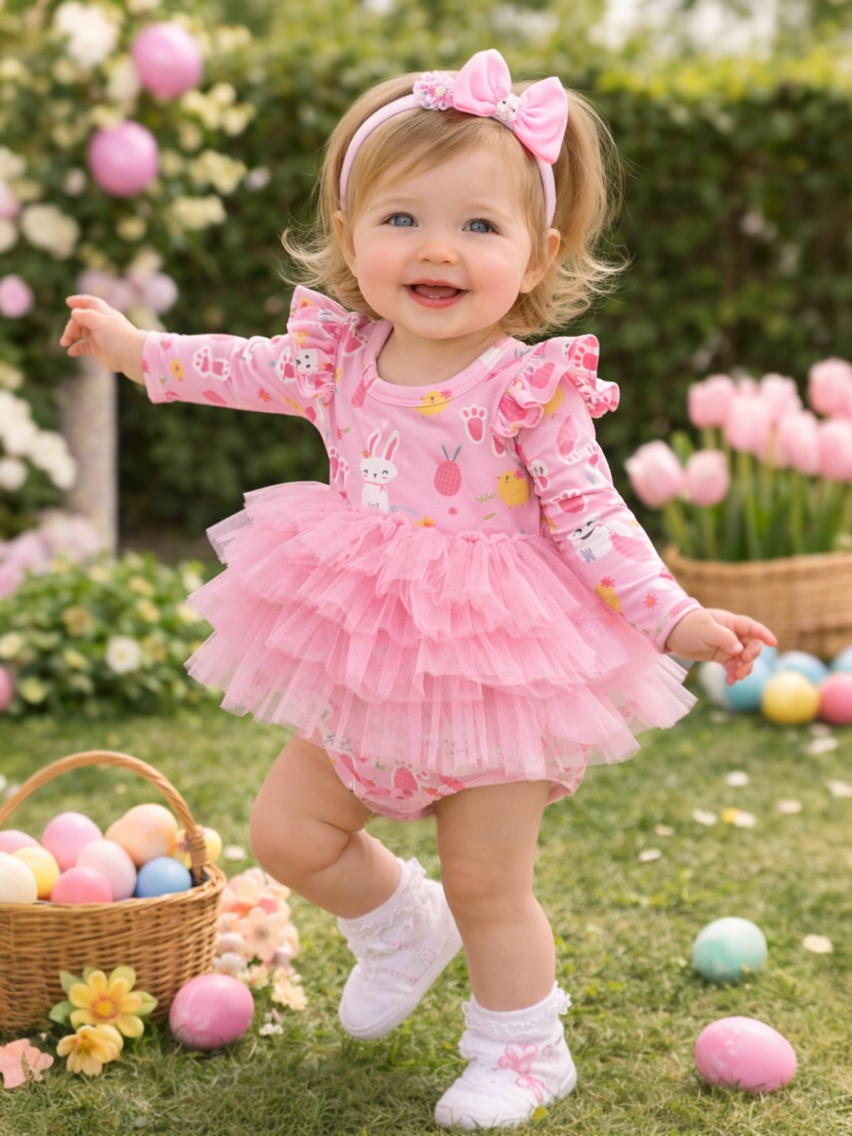 Smiling toddler in a pink ruffled outfit, surrounded by colorful eggs and flowers, enjoying a sunny day outdoors.