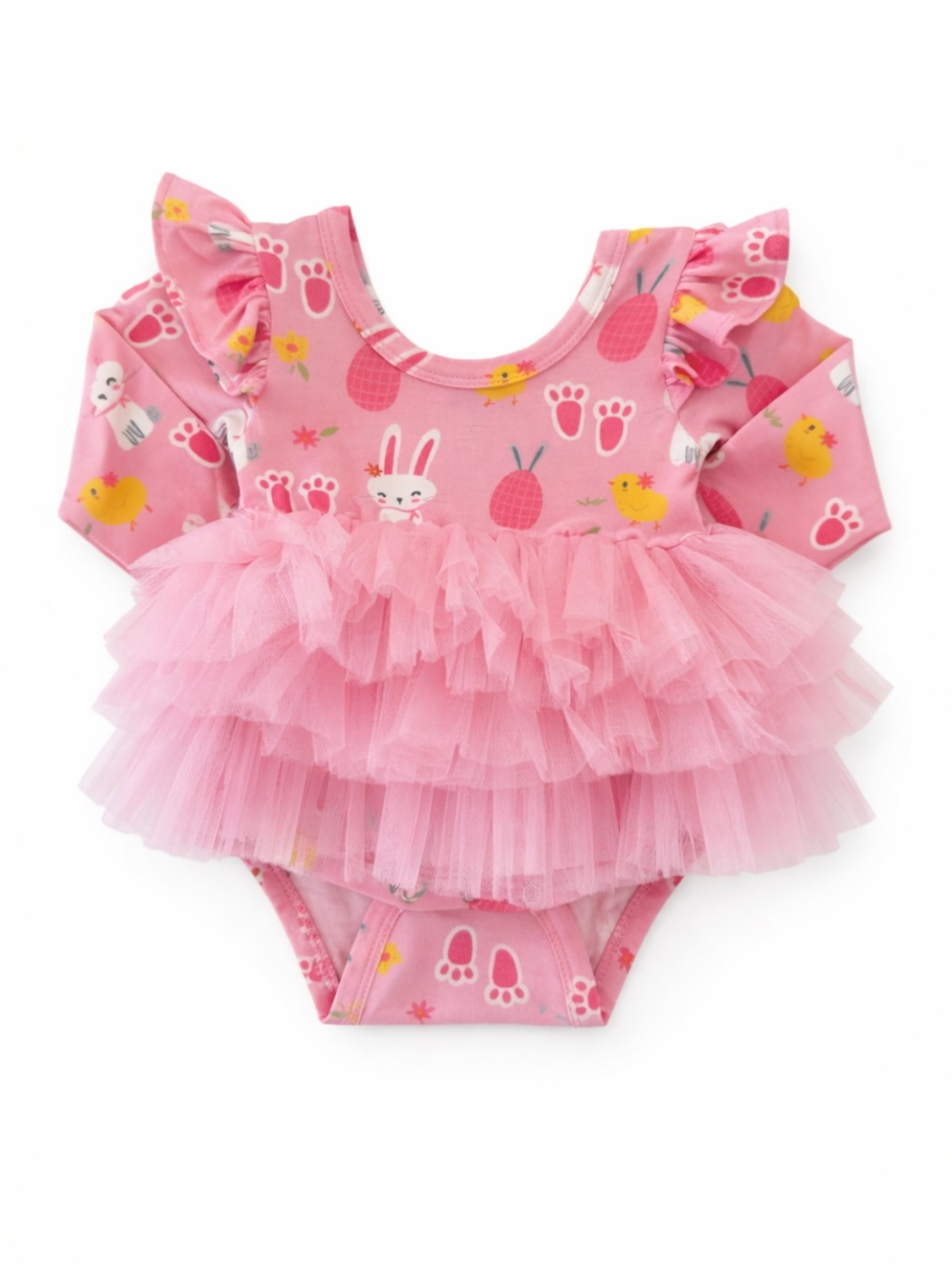Pink ruffled toddler swimsuit with bunny and chick patterns, ideal for sunny days and pool fun.