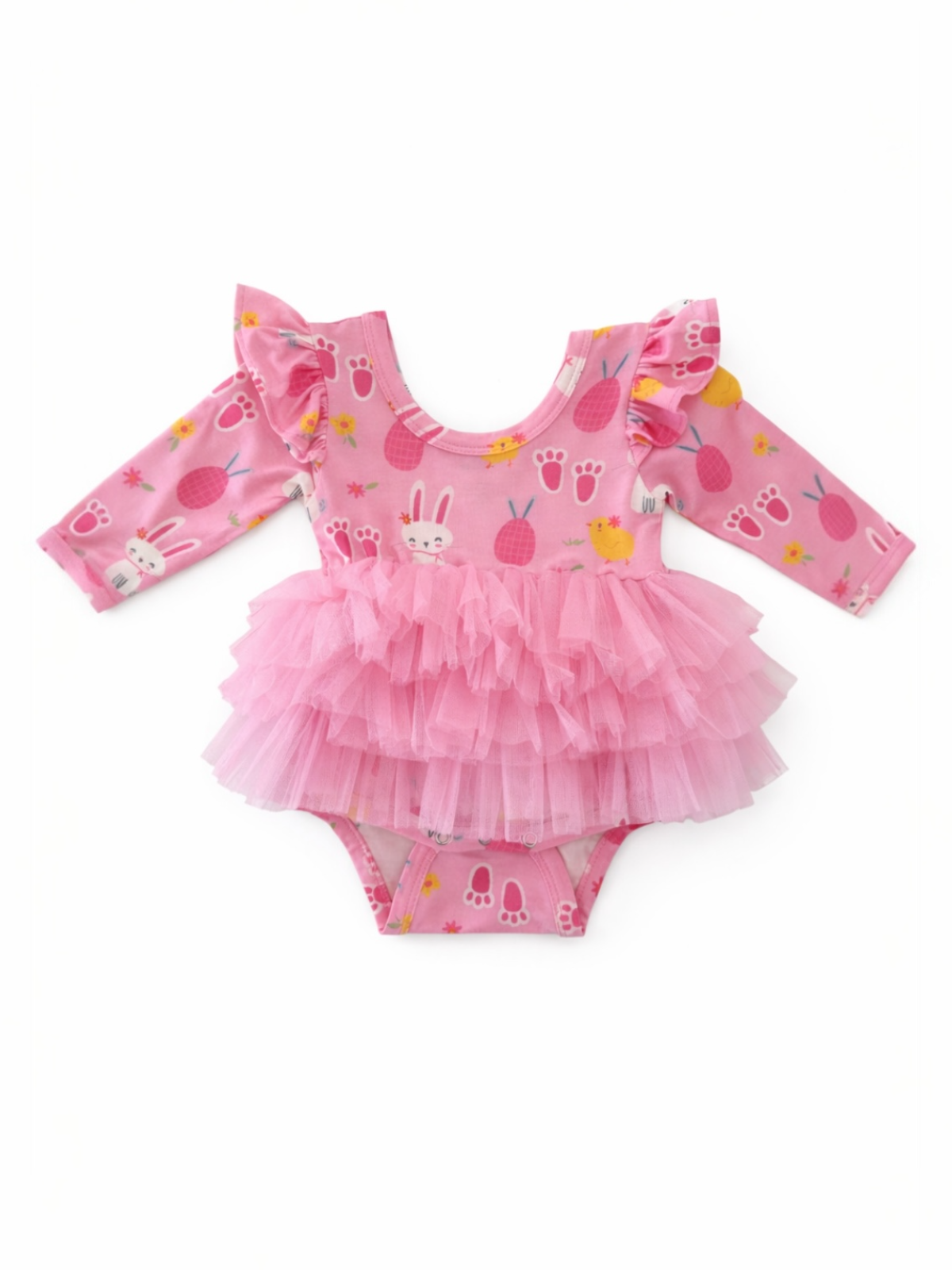 Pink infant swimsuit with bunny and fruit patterns, featuring ruffled long sleeves and a layered tulle skirt.