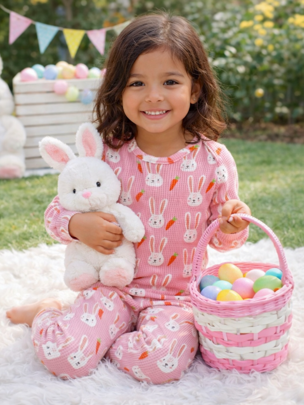 Smiling young girl in bunny pajamas holds a plush bunny and a basket of colorful eggs, sitting on a fluffy rug.