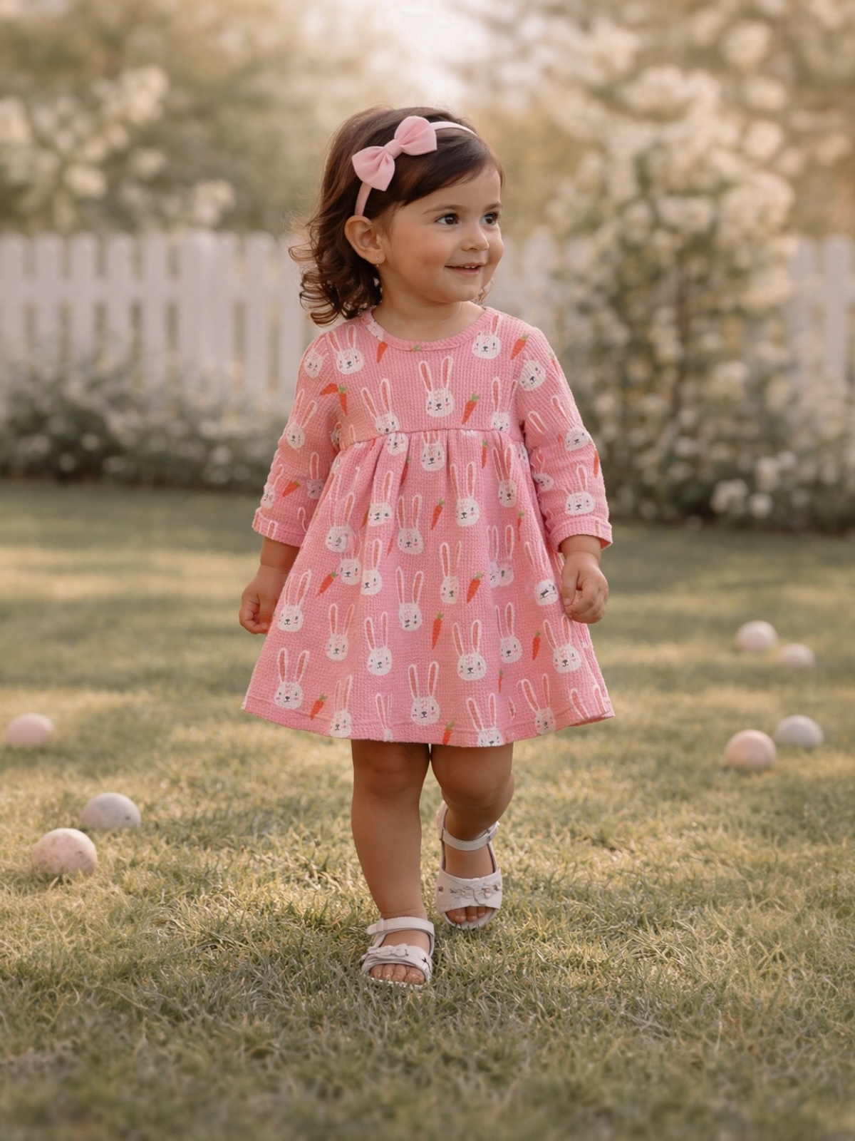 Smiling child in a pink bunny-patterned dress walks on grass, with a floral background and soft sunlight.
