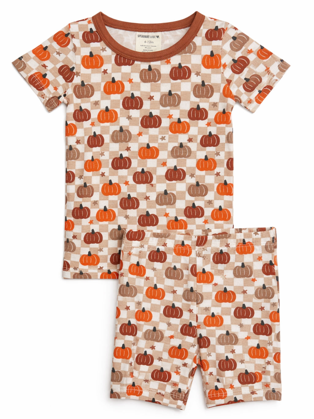 Pumpkin-patterned children's pajamas set featuring a short-sleeve top and shorts in autumn colors.