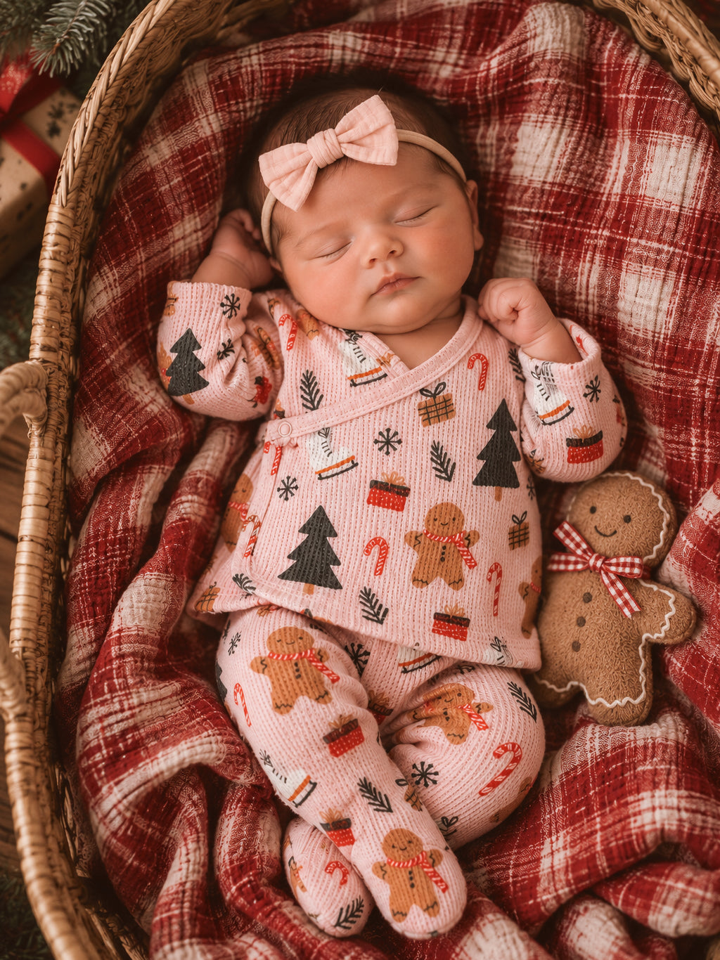 Sleeping newborn in festive pajamas, surrounded by a cozy blanket and a gingerbread plush toy.