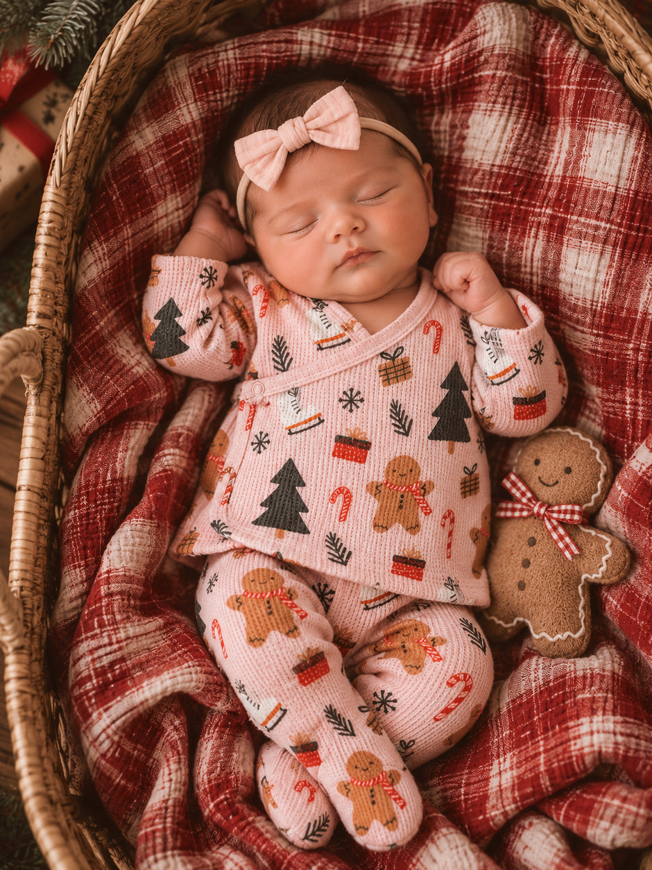 Organic Waffle Kimono & Pant Set, Gingerbread Wonderland Blush