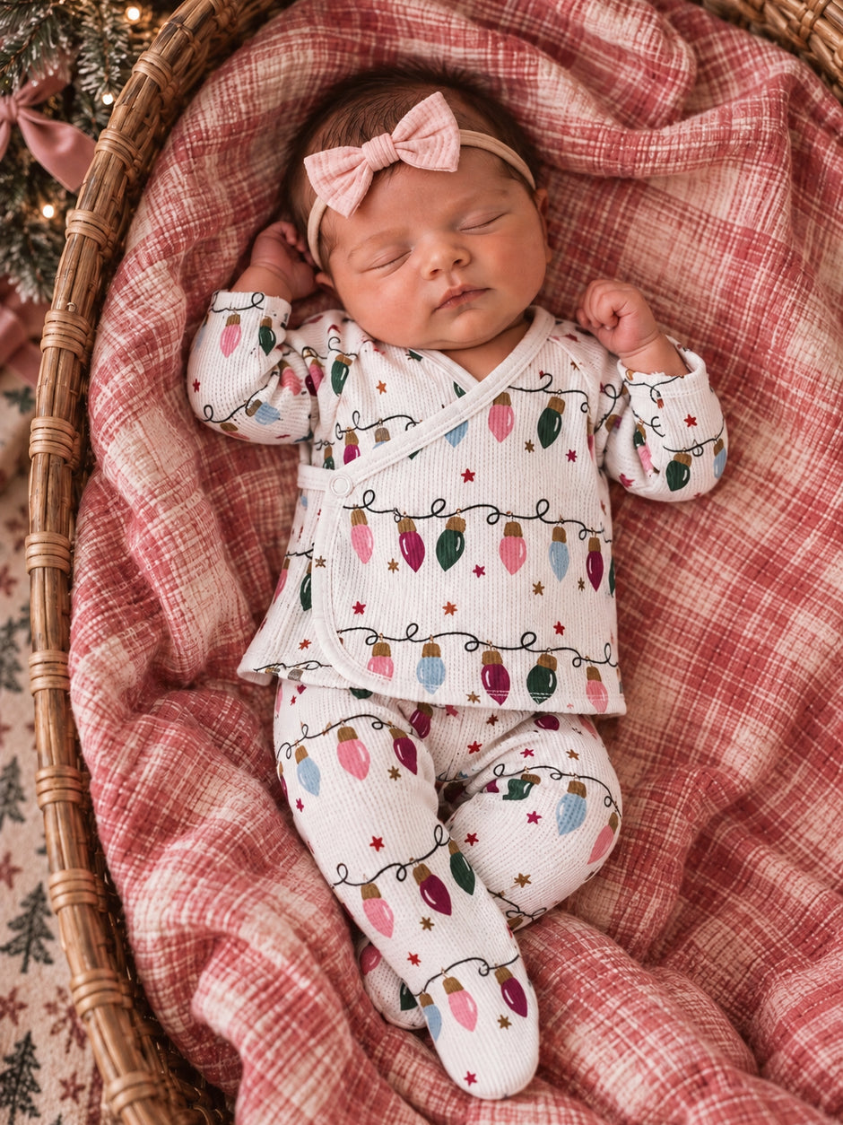 Organic Waffle Kimono & Pant Set, Pink Christmas Lights