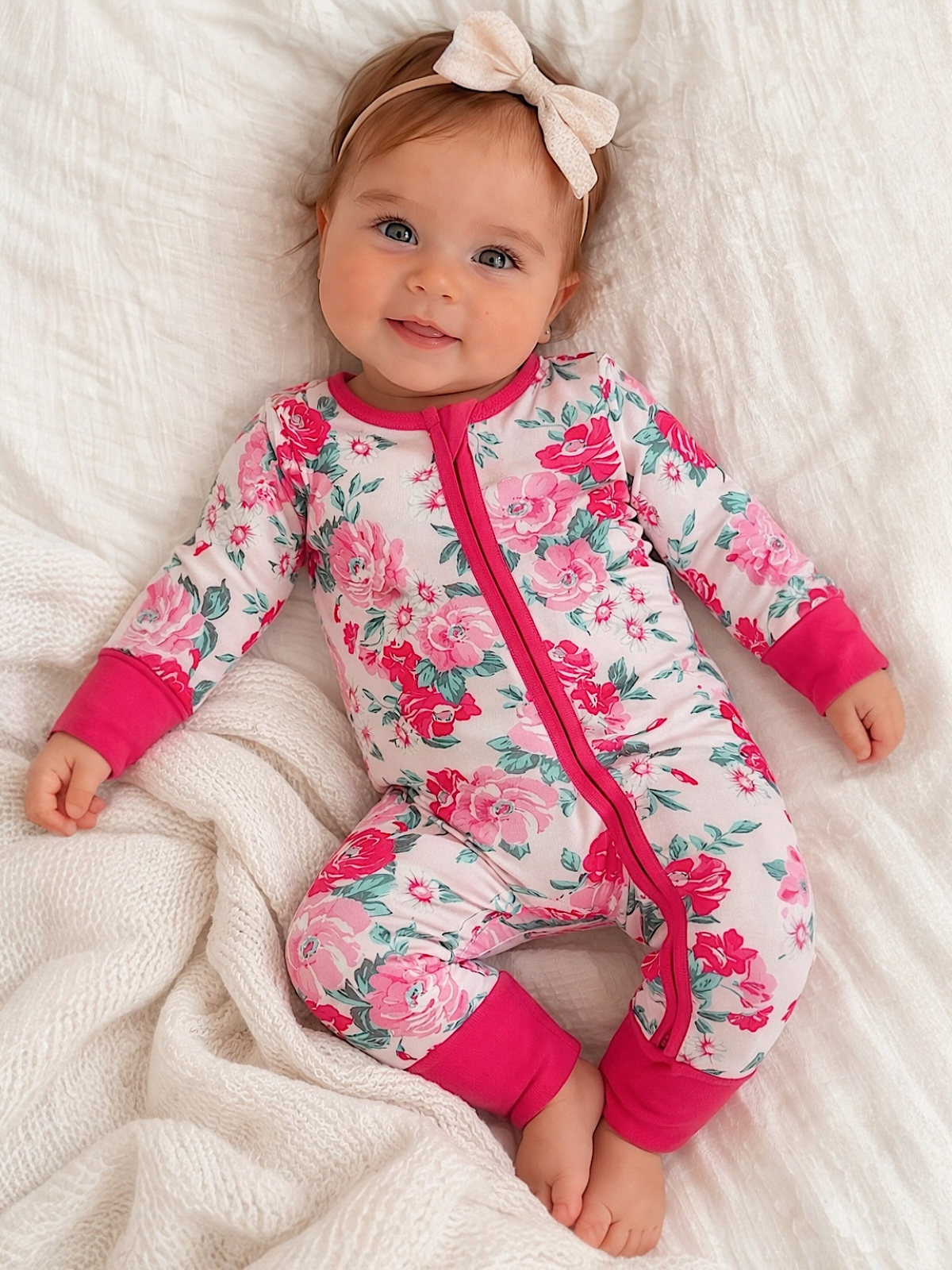 Smiling baby in floral pajamas with pink accents, sitting on a cozy blanket.