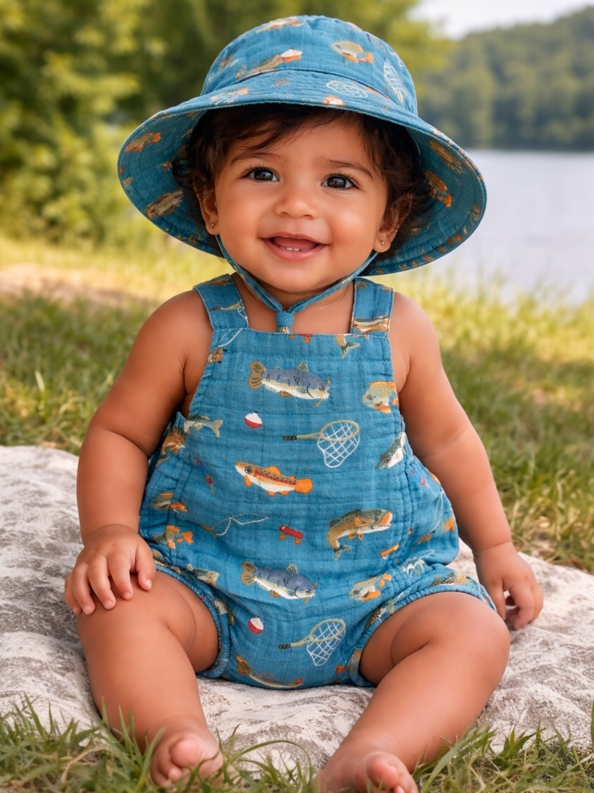 Smiling child in a blue fish-patterned outfit and hat sits on a blanket near a lake, surrounded by greenery.