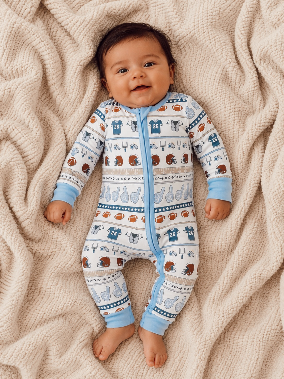 2-Way Zip Romper, Football Stripe