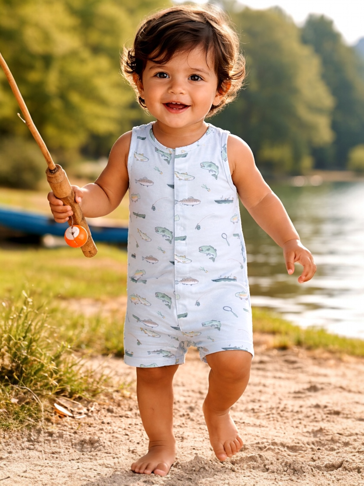 Smiling toddler in a fishing-themed onesie, walking barefoot by a serene lakeside.