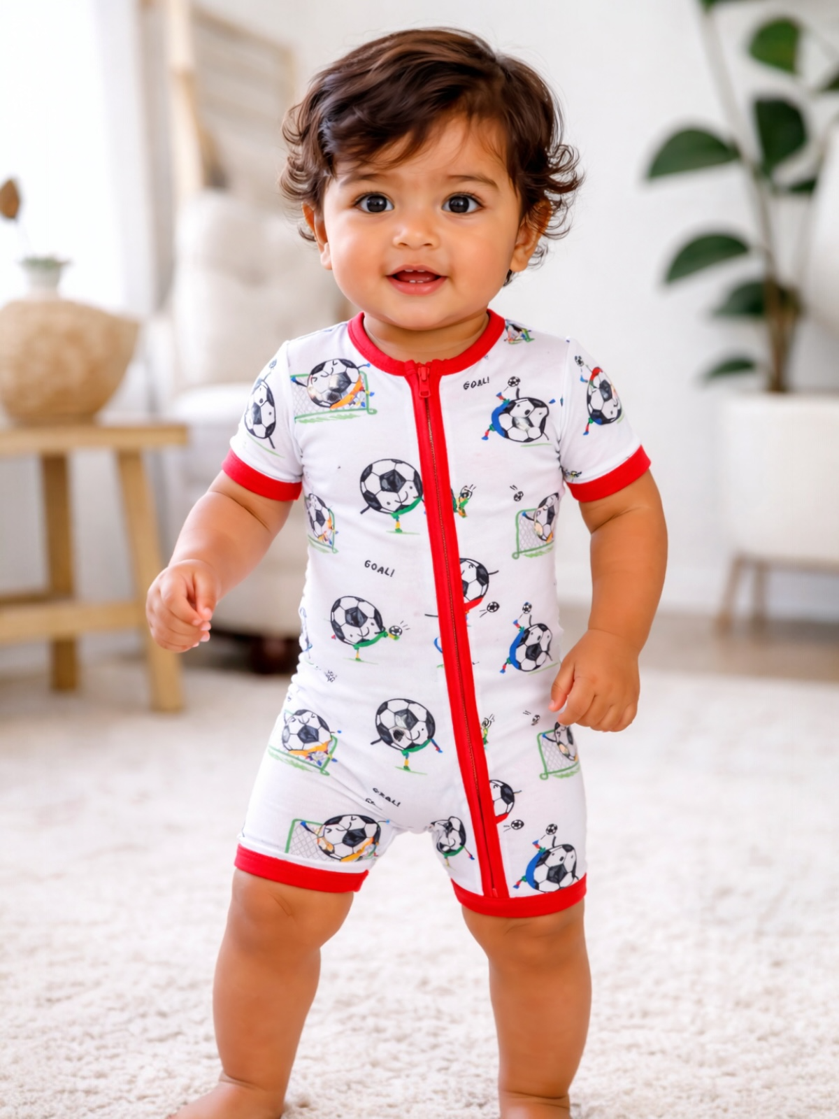 Smiling toddler in a soccer-themed onesie stands on a plush rug, surrounded by a bright, cozy room.