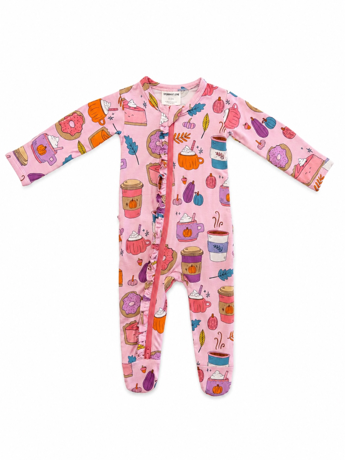 Pink baby onesie featuring colorful illustrations of desserts, drinks, and autumn decorations.