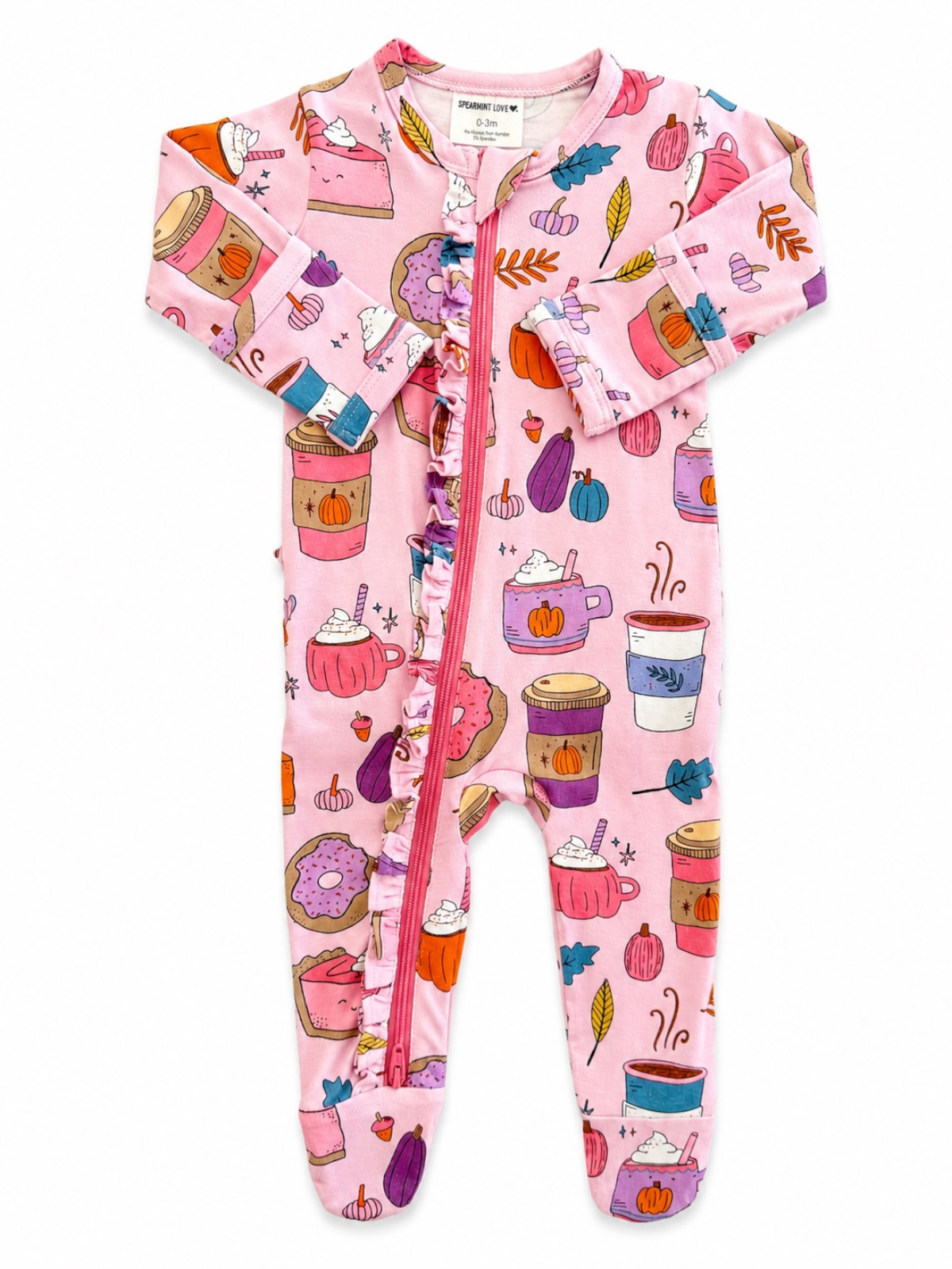 Pink baby onesie with whimsical food and drink illustrations, including cups, pumpkins, and donuts.