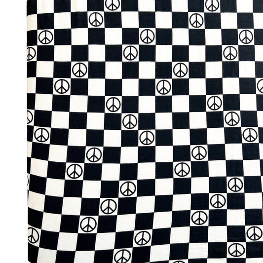 Stretch Mini Crib Sheet, Black Peace Checkerboard