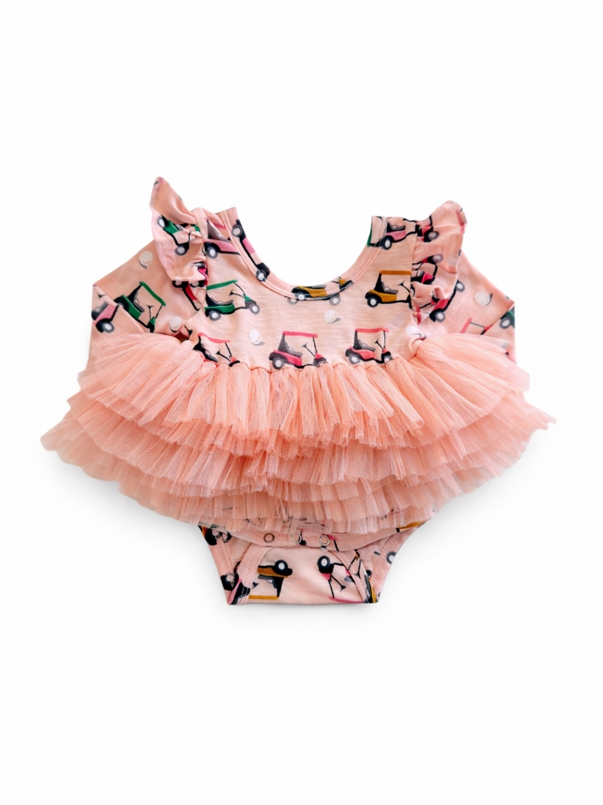 Pink baby swimsuit with ruffled sleeves and layered tulle skirt, featuring colorful golf cart patterns.