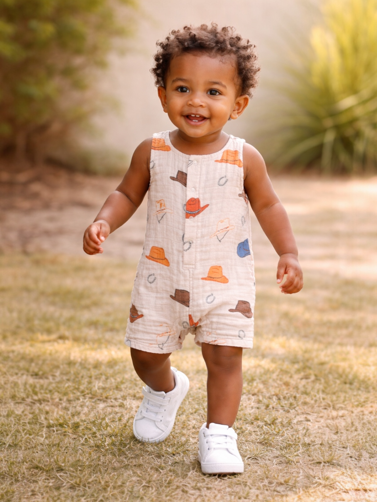 Toddler with curly hair in a playful outfit, walking on grass and smiling brightly in a sunny outdoor setting.