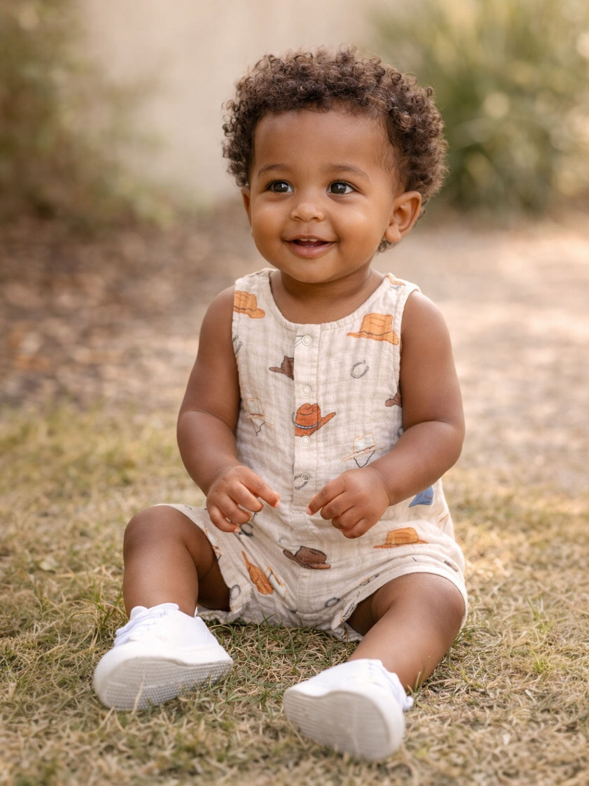 Smiling toddler in a patterned onesie sits on grass, wearing white sneakers in a sunny outdoor setting.