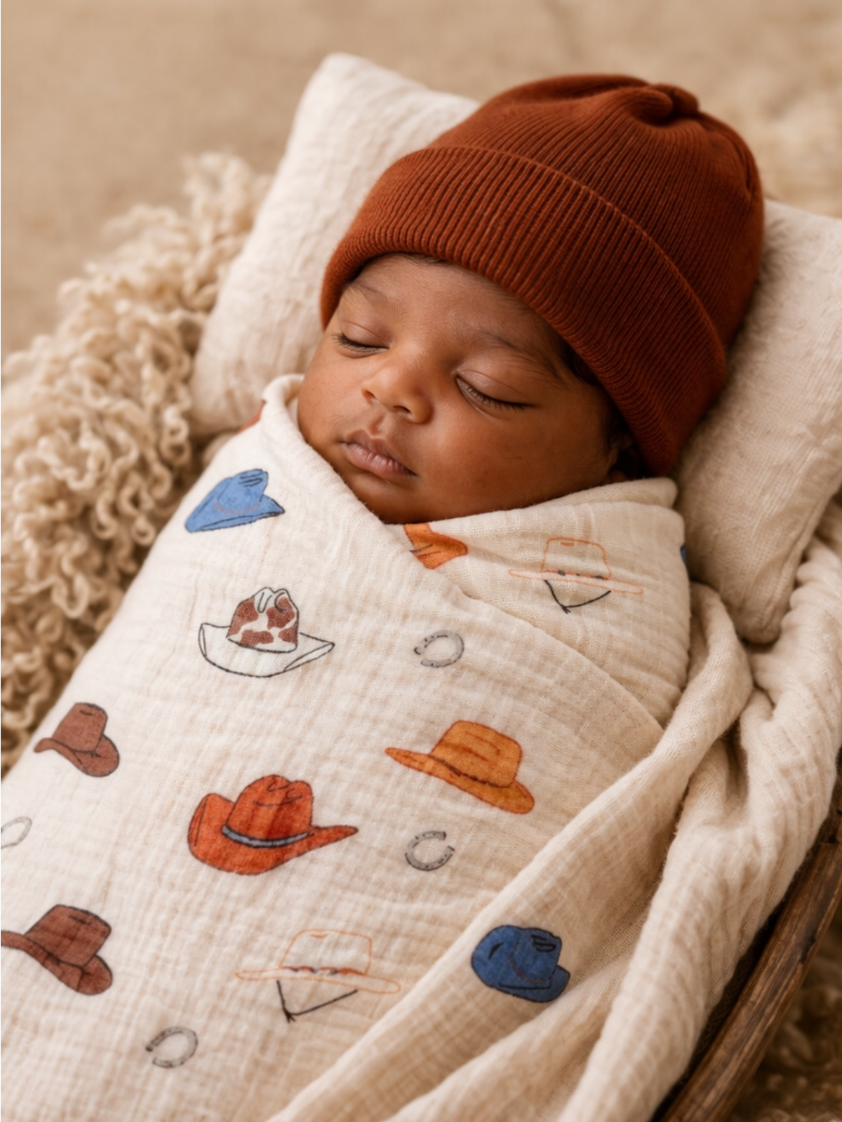 Sleeping baby swaddled in a hat-patterned blanket, resting on cozy textures in a peaceful setting.