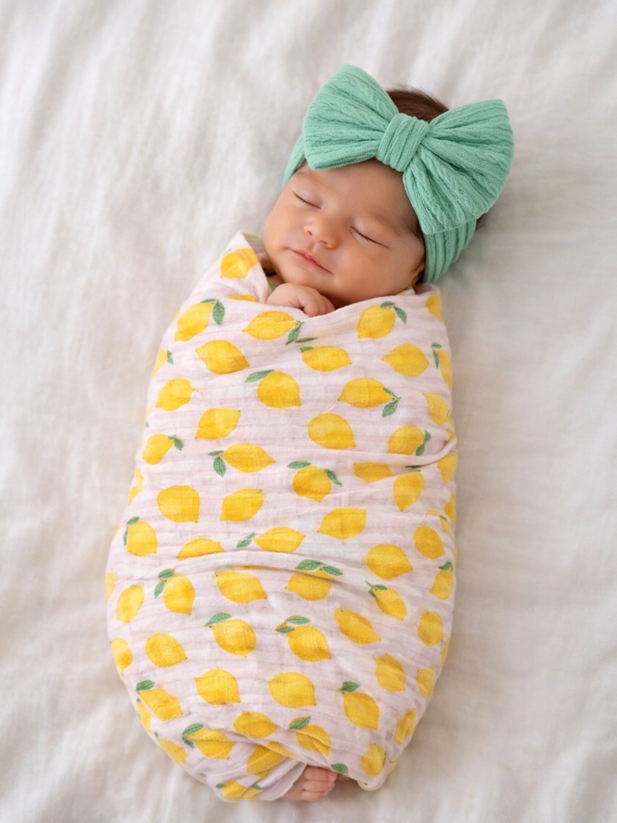 Newborn baby swaddled in lemon-patterned blanket, wearing a mint green bow headband, peacefully sleeping.