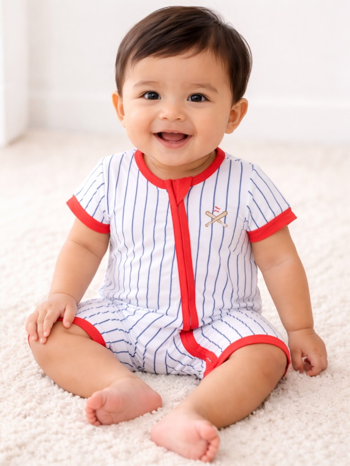 Smiling baby in a striped romper sits on a cozy carpet, radiating joy and cuteness.