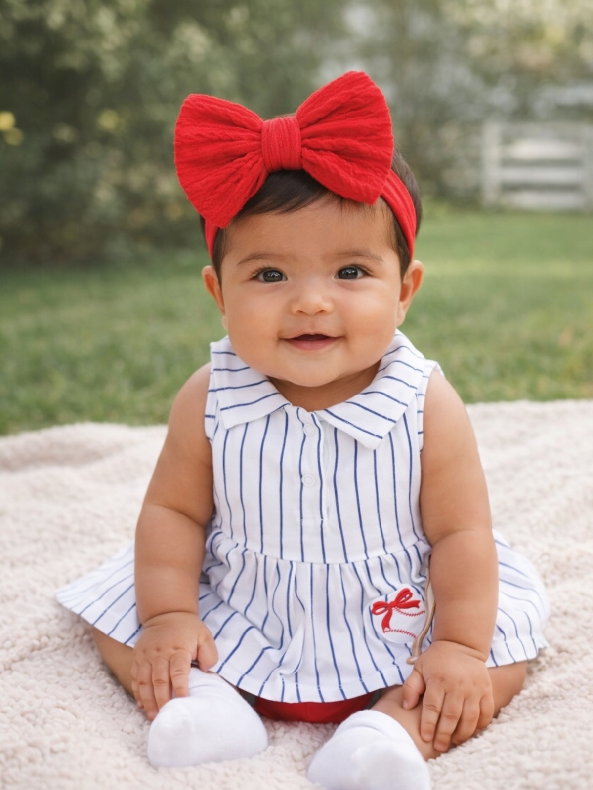 Smiling baby girl in a striped dress with a red bow, sitting on a blanket in a grassy outdoor setting.
