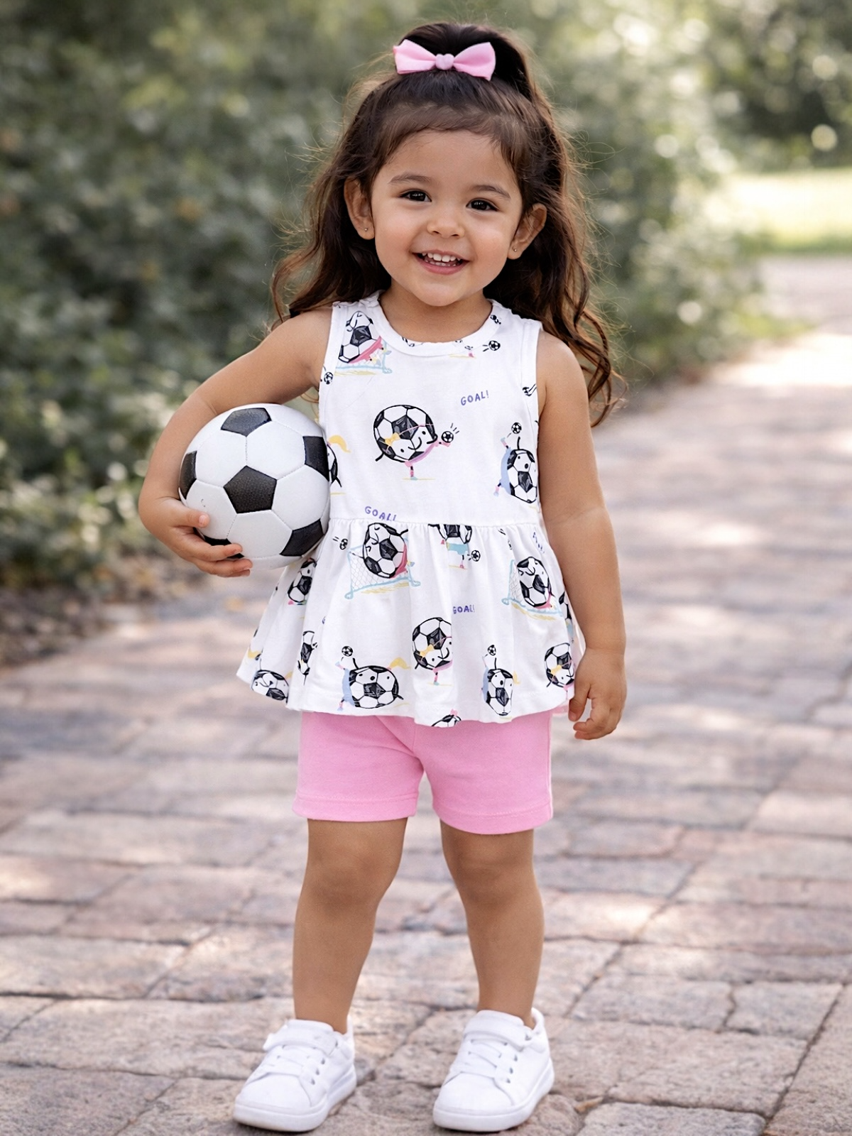 Smiling young girl in a soccer-themed outfit holding a soccer ball on a sunlit pathway.