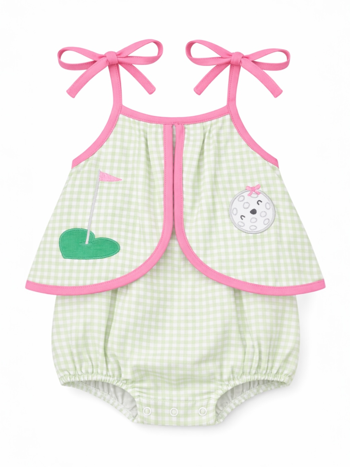 Light green gingham baby romper with pink accents, featuring a golf theme design and bows on the straps.