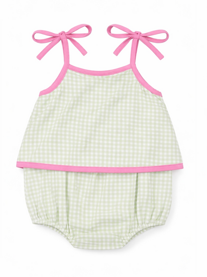 Green gingham infant outfit with pink trim and bow ties on straps. Lightweight and perfect for warm weather.