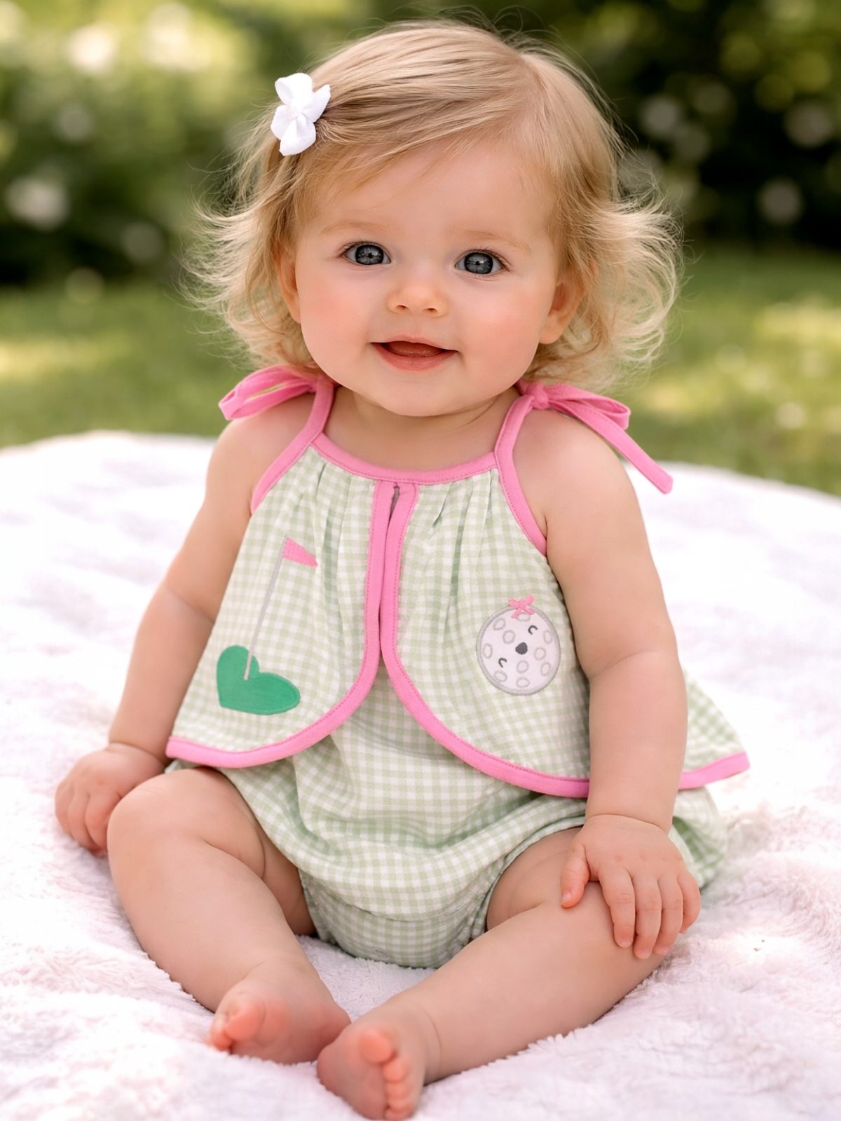 Smiling baby in a green checkered outfit with a pink trim, sitting on a soft blanket outdoors.
