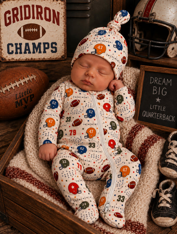 Newborn sleeping in a football-themed outfit, surrounded by sports memorabilia and cozy blankets.